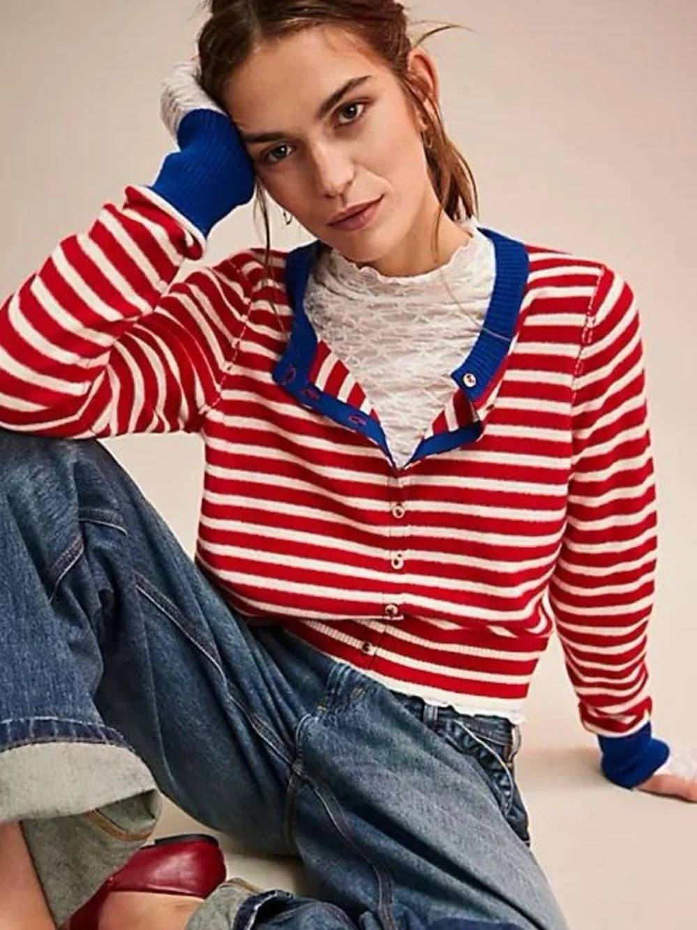 Free People Nocturnal Stripe Cashmere Blend Cardigan in Valiant Blue Comb
